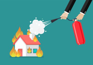 Yangın söndürücülü bir iş adamı yanan evle kavga ediyor. Emlak endüstrisi konsepti. Vektör illüstrasyonu