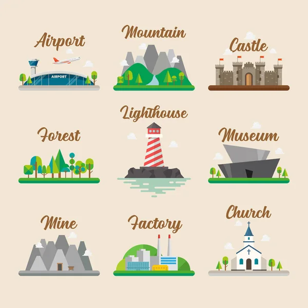 Edifícios Paisagem Estilo Plano Conjunto Design Gráfico Ilustração Vetorial —  Vetores de Stock