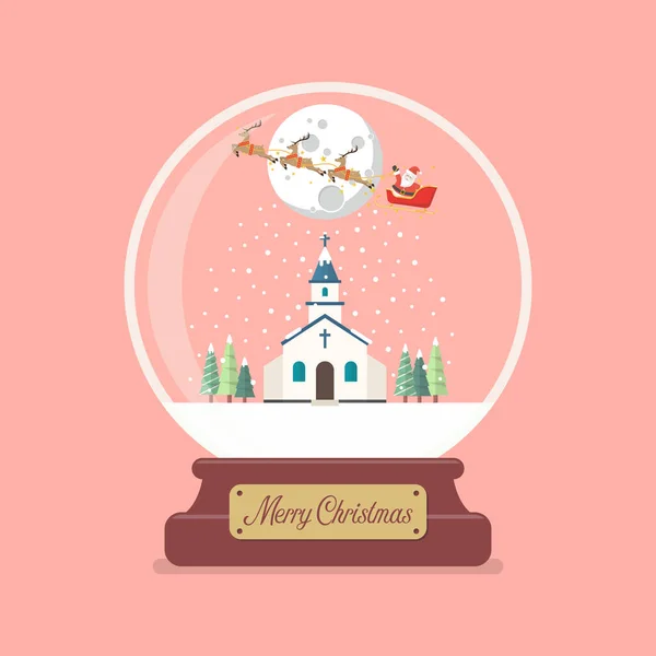 Feliz Navidad Bola Cristal Con Santa Trineo Volando Sobre Iglesia — Archivo Imágenes Vectoriales