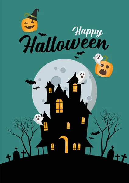 Glad Halloween Hemsökt Hus Hälsning Kort Vektorillustration — Stock vektor