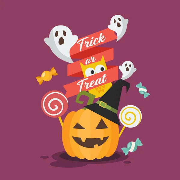 Tarjeta Felicitación Invitación Halloween Búho Calabaza Halloween Fantasma Ilustración Vectorial — Vector de stock