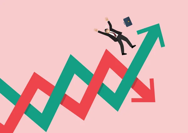 Businessman Losing His Balance Stock Market Fluctuation Arrow Graph Graph — Stock Vector