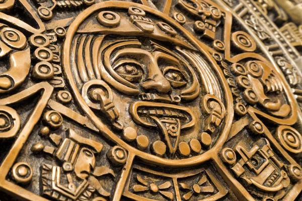 Oblique view of the central disk of the Aztec calendar, with the Stock Photo