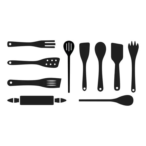 Black Cooking Wooden Kitchen Tools Spoons Spatulas White Background — Stock Vector