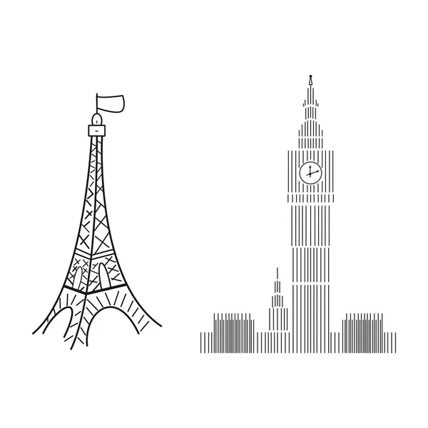 Big Ben Logo Panneau Tour Eiffel Sur Fond Blanc Dessin — Image vectorielle