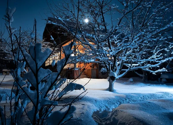 Casa de madera en el bosque de invierno. Buenas noches. luz de luna — Foto de Stock