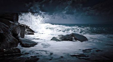 Wawe splashes sea storm horizon. Ligurian sea. clipart