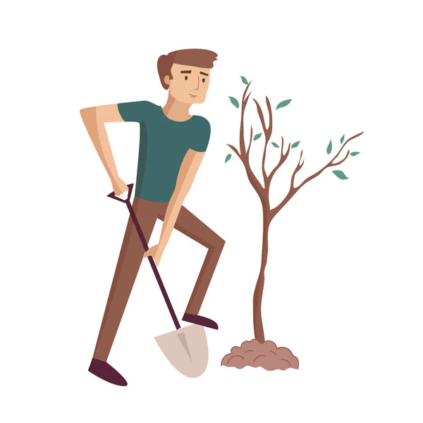 Homem Planta Árvore Cavando Com Jardim Vetor Desenho Animado Ilustração — Vetor de Stock