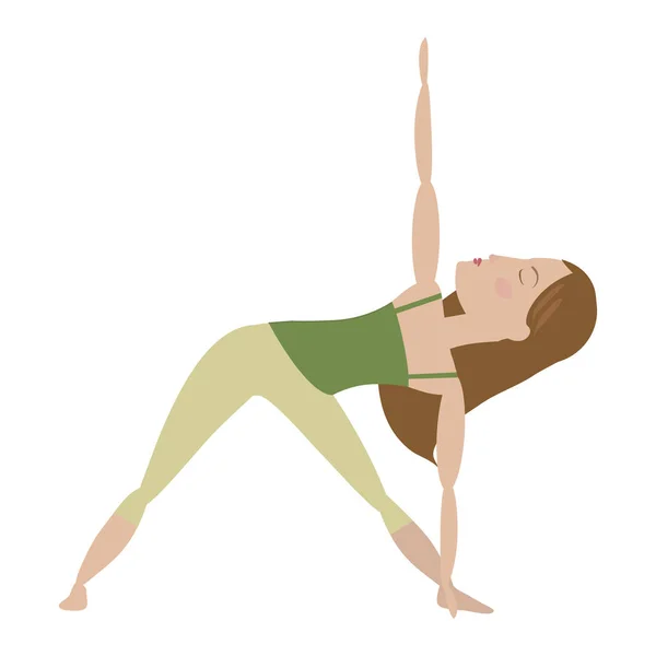 Brown Hair Woman Doing Yoga Extended Triangle Pose Cartoon Vector — Stock Vector