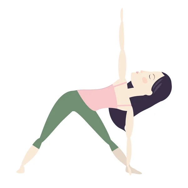 Femme Cheveux Noirs Faisant Yoga Triangle Étendu Pose Dessin Animé — Image vectorielle