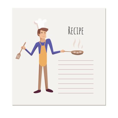Afiş, plakası, tarifi için bir not. Yemek pişirmek için. Adam karakteri ile mutfak araçları broşürler, el ilanları, web afiş tasarımı için yemek yapıyor. kutusu, kartı, kitap. Vektör karikatür çizim