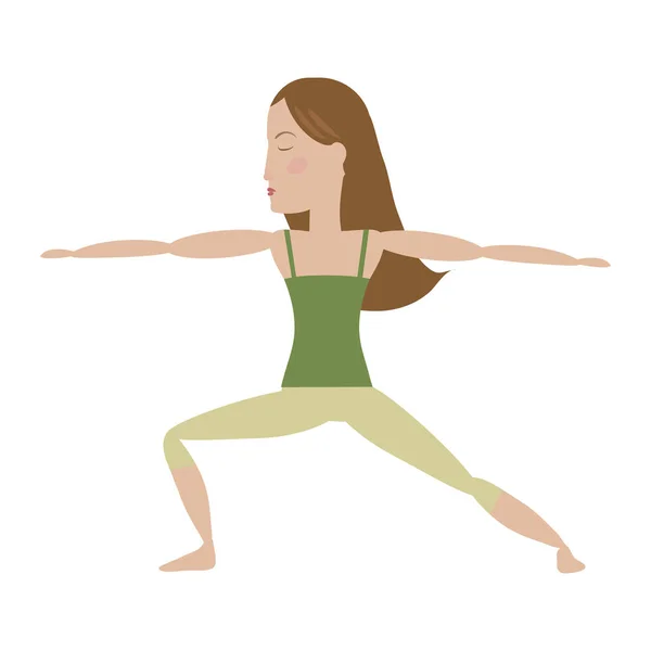 Femme Aux Cheveux Bruns Faisant Yoga Guerrier Pose Dessin Animé — Image vectorielle