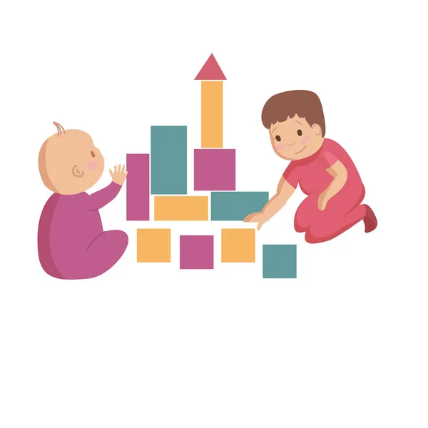 Hrát Spolu Barevnými Stavební Bloky Hračky Děti Děti Sourozenců Bratři — Stockový vektor