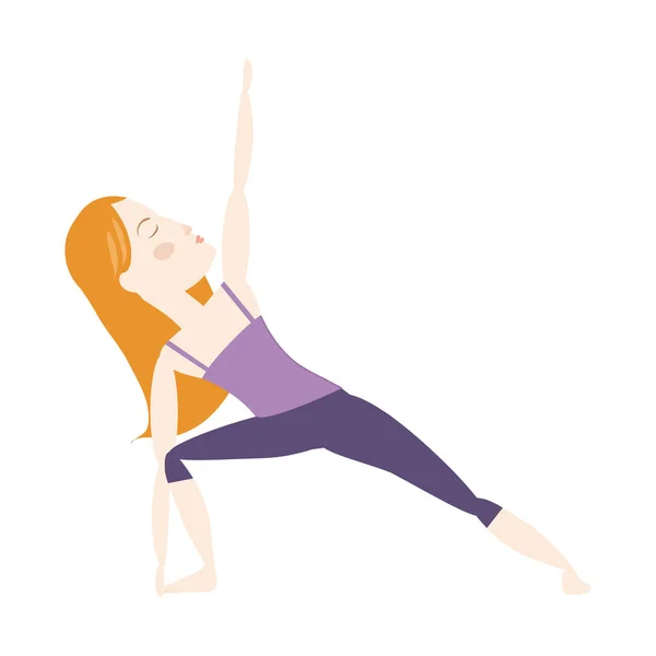 Red Hair Woman Doing Yoga Extended Side Angle Pose Cartoon — Stock Vector