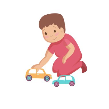 Renkli oyuncak arabalar çocukla çocuk çizgi film vektör çizim oynuyor