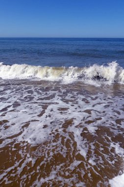 Kumlu bir plaj gün güneşli yaz yumuşak dalgalar