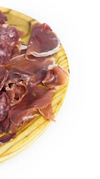 Comida Típica Española Con Jamón Salchicha Plato Madera — Foto de Stock