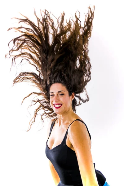 Beautiful Woman Shaking Her Hair White Background — Stock Photo, Image