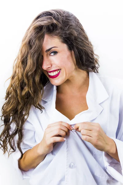 Hermosa Mujer Desabotonando Botón Camisa Sobre Fondo Blanco —  Fotos de Stock