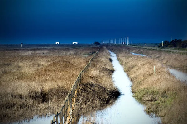 Bir yol yanında mudflats bir çit peyzaj
