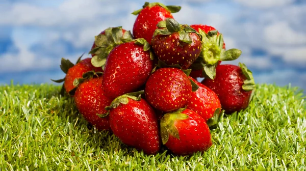 Rode aardbeien op groen gras met blauwe hemel achtergrond Stockfoto