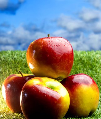 Elma yeşil çim ve mavi gökyüzü arka plan ile