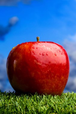 Elma yeşil çim ve mavi gökyüzü arka plan ile