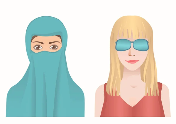 Islamitische en Europese vrouw avatars instellen. Hijab of spektakel. — Stockvector