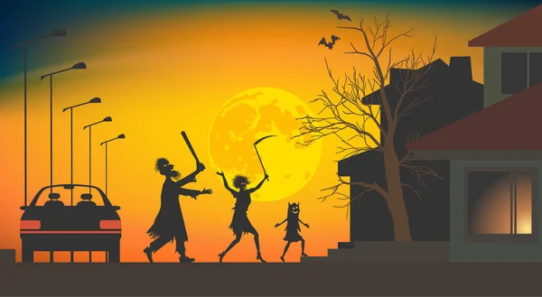 Семья в костюмах на Хэллоуин угощает соседей шалостями . — стоковый вектор