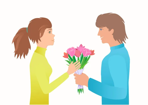 Guy give girl bouquet on the Date. — Stock Vector