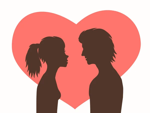 Silhuetter tjej och kille på bakgrunden röd hjärta. — Stock vektor