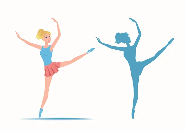 Dancing sportive and young ballerina and her silhouette. — Stock Vector