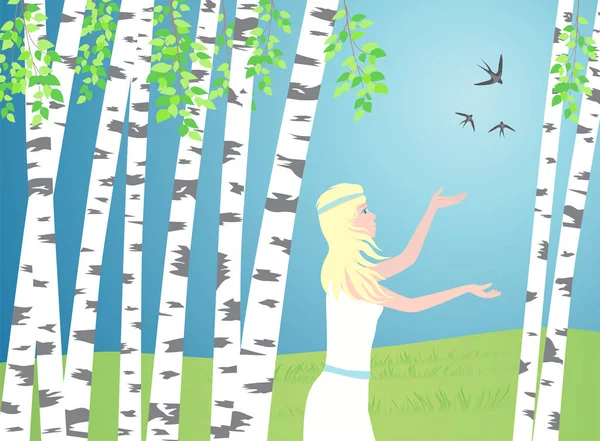 La chica camina entre los abedules. Las aves vuelan sobre . — Vector de stock