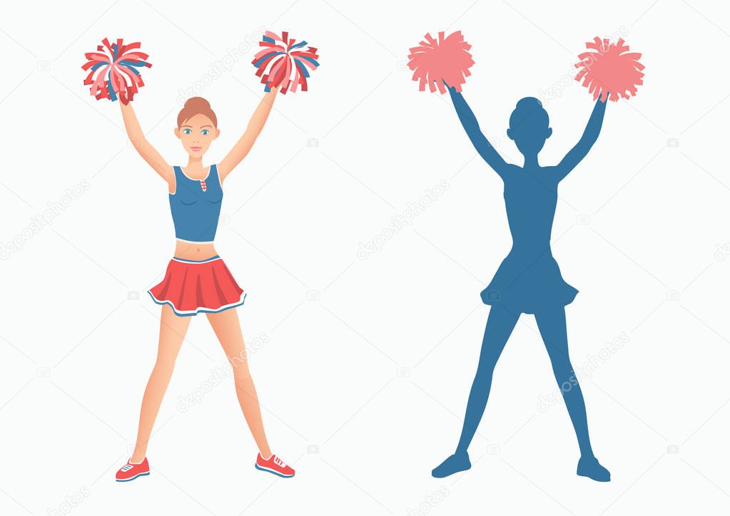 Cheerleader with pom-poms and her silhouette on white background.