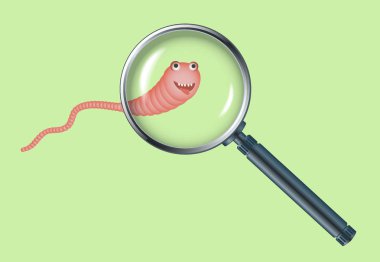 Gerçekçi illüstrasyon büyüteç ve kırmızı solucan.