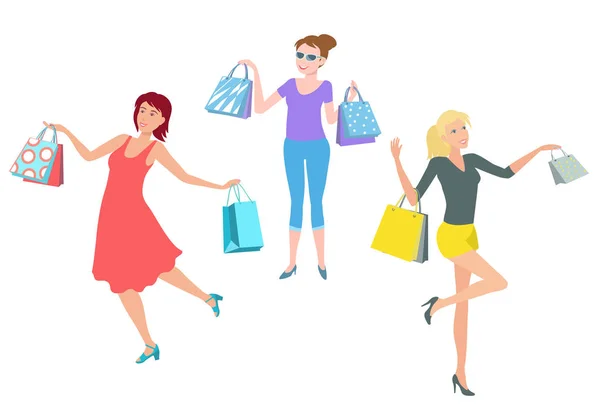 Schöne Damen mit vielen bunten Einkaufstaschen. — Stockvektor