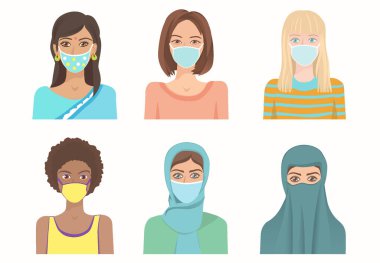 Çeşitli milletlerden genç kadınlar tıbbi solunum maskesi takıyor..