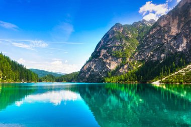 Braies or Prags lake or Pragser Wildsee and Dolomites mountains. Trentino Alto Adige Sud Tyrol, Italy, Europe. clipart