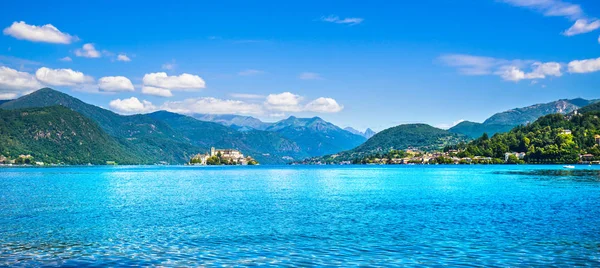 Krajobraz Jeziora Orta Wioski Orta San Giulio Wyspy Isola Giulio — Zdjęcie stockowe