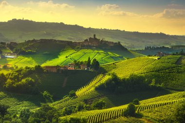 Langhe üzüm bağları günbatımı manzarası, Castiglione Falletto ve La Morra, Unesco Sitesi, Piedmont, Kuzey İtalya Avrupa.