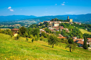 Poppi ortaçağ köyü ve kale panoramik görünümü. Casentino Arezzo, Toskana İtalya Europe.