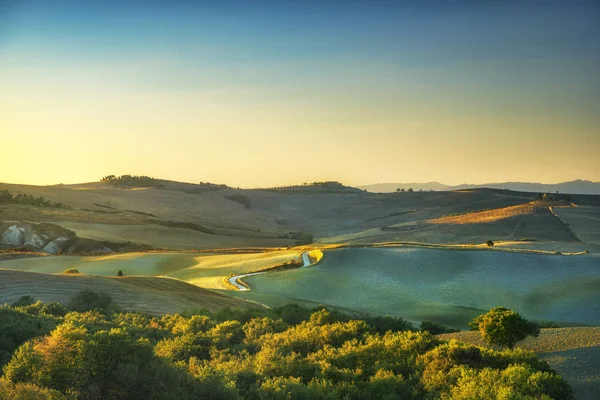 Campagna Toscana Strada Campi Dolci Colline Tramonto Italia Europa — Foto Stock