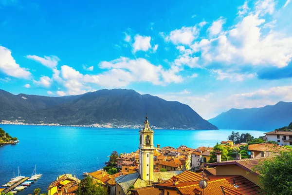 Como Lake, Greenway Yolu 'ndan Sala Comacina çan kulesi. İtalya, Avrupa.