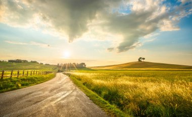 Maremma kırsalında gün batımı manzarası. Road ve Rolling Hills. Bibbona. Toskana, İtalya, Avrupa