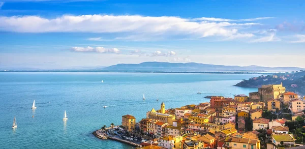 Porto Santo Stefano Aldeia Igreja Castelo Vista Aérea Destino Viagem — Fotografia de Stock