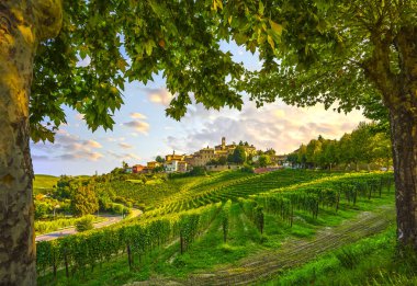 Köy, Langhe üzüm bağları ve ağaçlar çerçeve olarak kullanılıyor. Unesco Sitesi, Piedmont, Kuzey İtalya Avrupa.