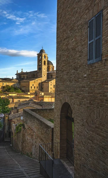 Urbino Stad Straat Trap Ducal Palace Bij Zonsondergang Unesco Werelderfgoed — Stockfoto