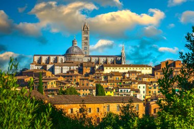 Siena, Duomo Katedrali gün batımında ufuk çizgisi. Unesco Dünya Mirası Bölgesi. Toskana, İtalya. Avrupa