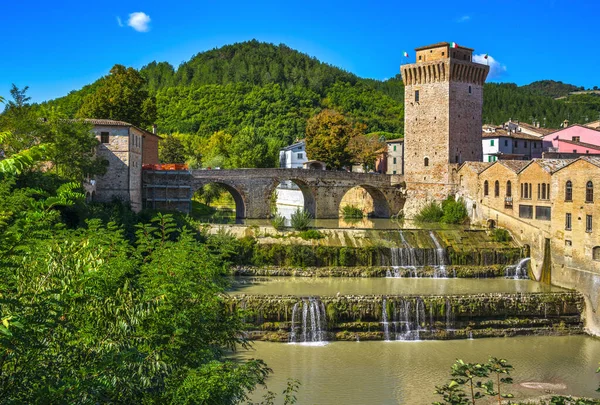 Ponte Romana Torre Medieval Rio Metauro Fermignano Província Pesaro Urbino — Fotografia de Stock