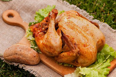 Fırında tavuk, yeşil çim zemin üzerine. Doğal ızgarada pişmiş gıda.